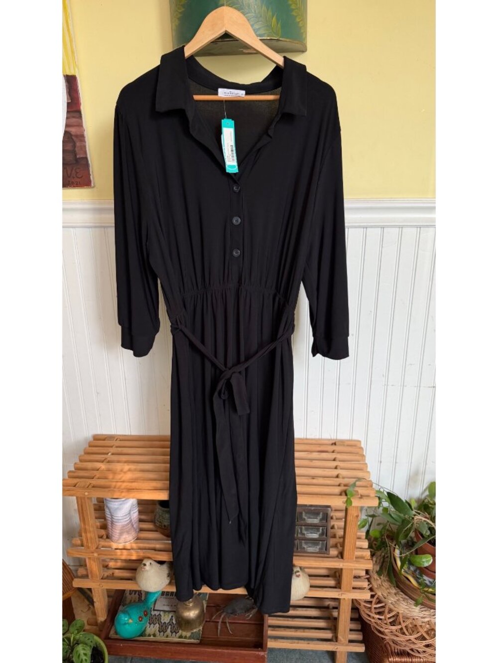 Kaileigh Black 3X Button-Front Collared Dress With Waist Tie & 3/4 Sleeves